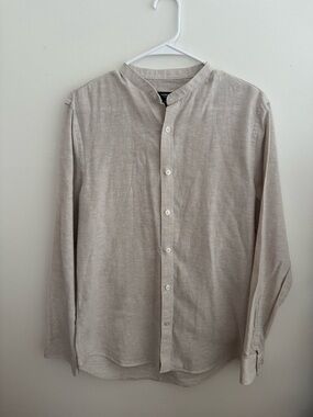 Express Mens Beige Band Collar Button-Down Shirt